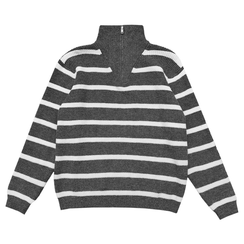 Stripet strikket halv-zip genser 