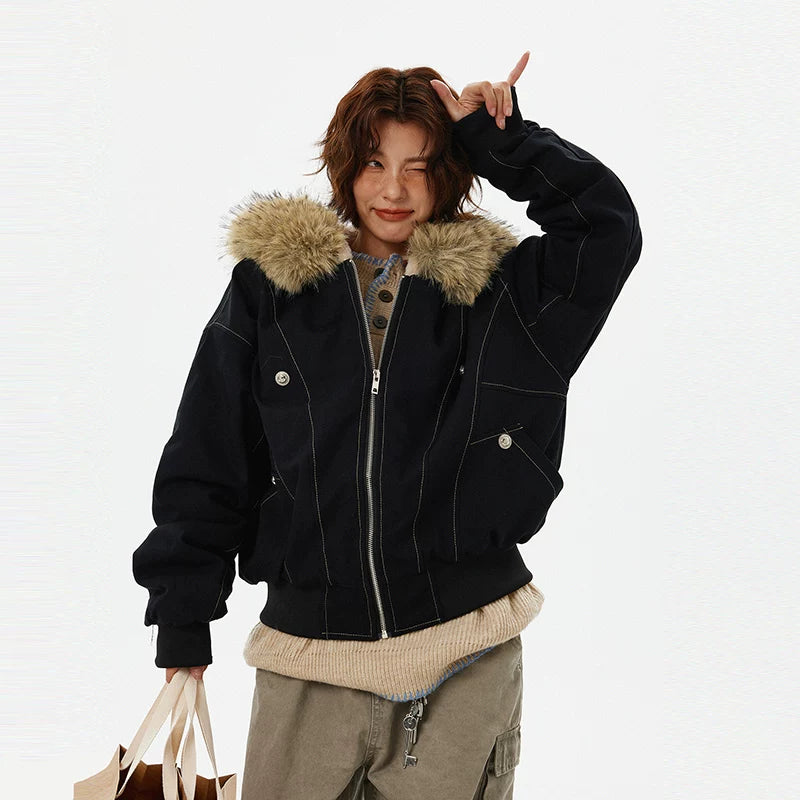 Faux päls huva fleece-fodrad parka jacka 