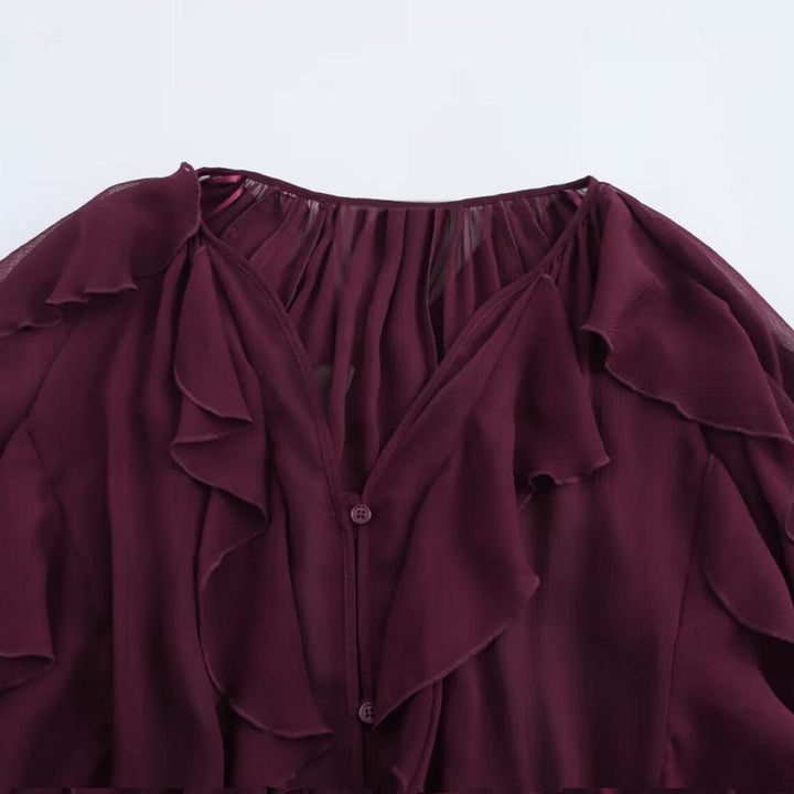 Camisa de Renda com Decote em V e Mangas Longas 
