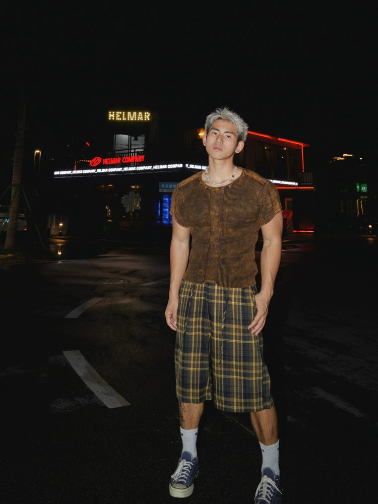 Pruhovaný pletený slim fit top s krátkým rukávem 