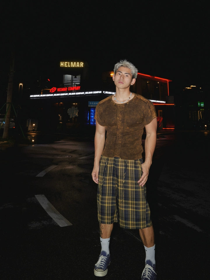 Pruhovaný pletený slim fit top s krátkým rukávem 