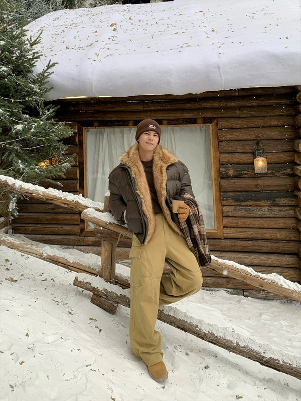 Manteau rembourré avec col en fourrure, Épais et coupe-vent 