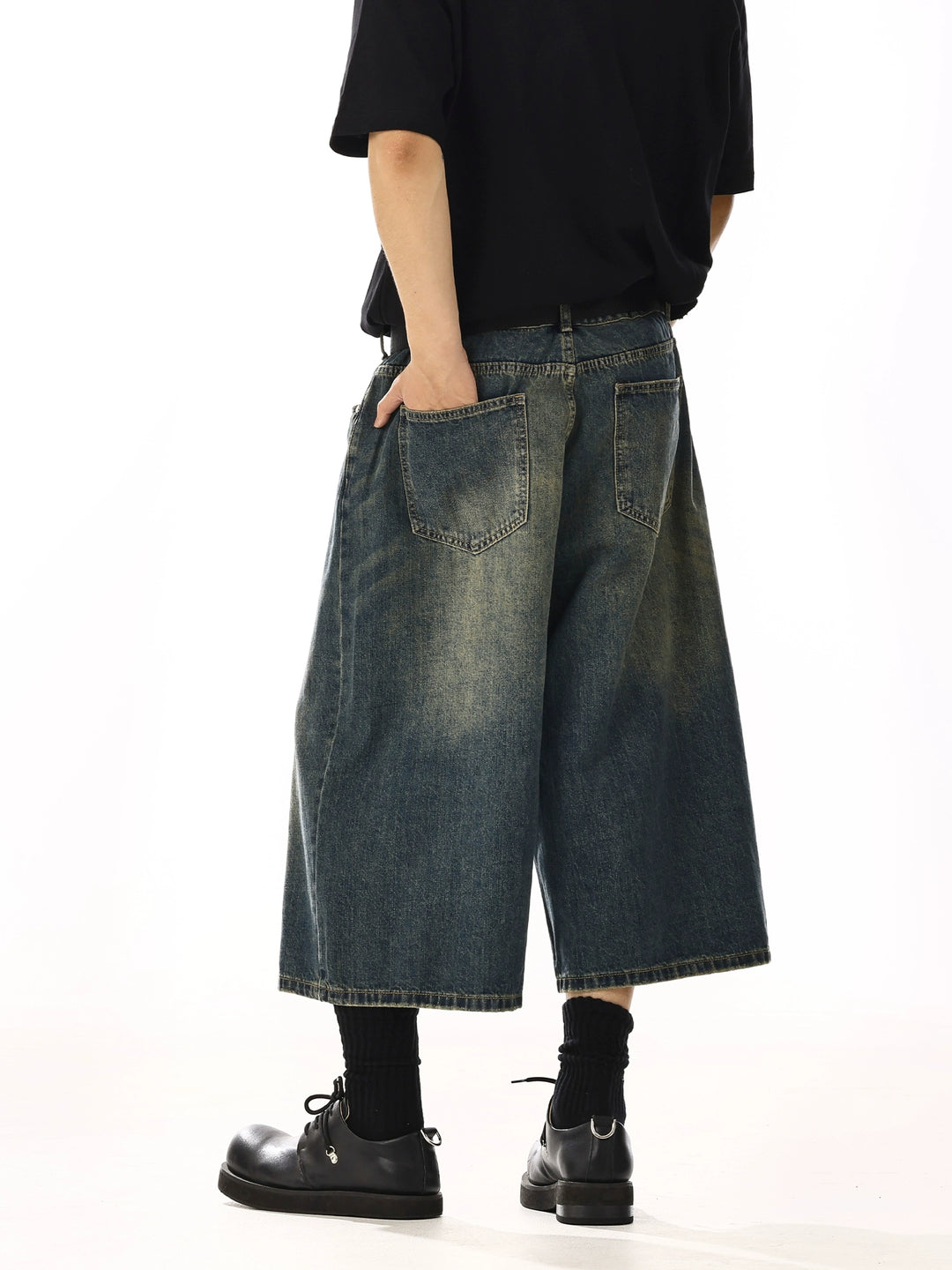 Washed Denim Wide-Leg Cropped Pants