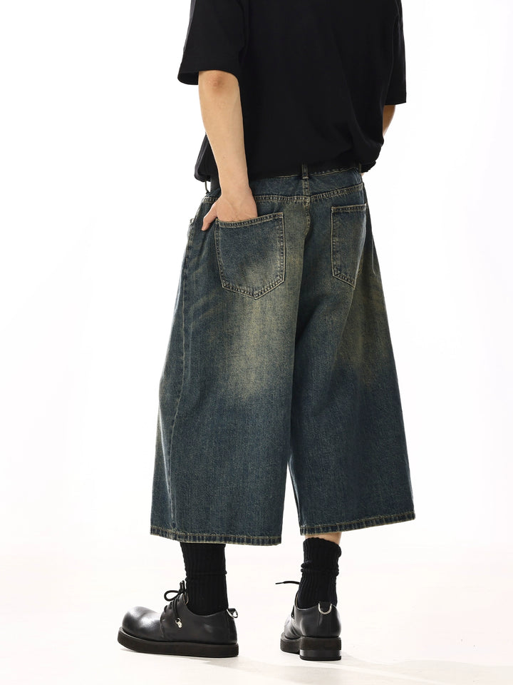 Washed Denim Wide-Leg Cropped Pants