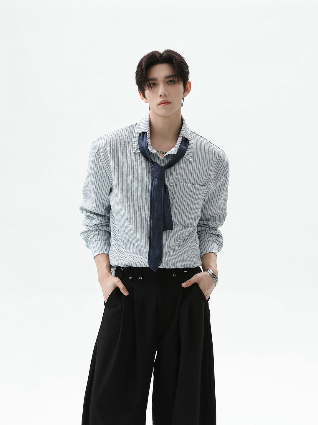Pleated Striped Long Sleeve Shirt with Tie