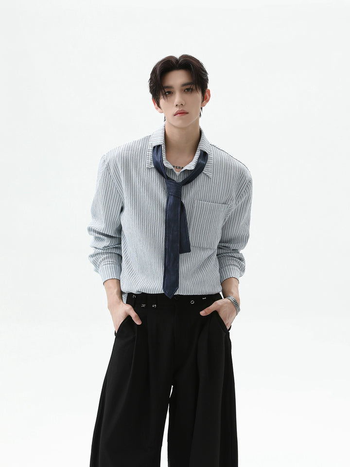 Pleated Striped Long Sleeve Shirt with Tie