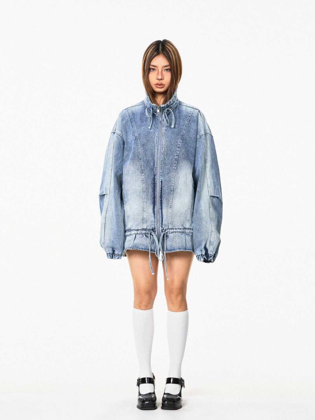 Denim Stand Collar Jacket with Ruffled Hem