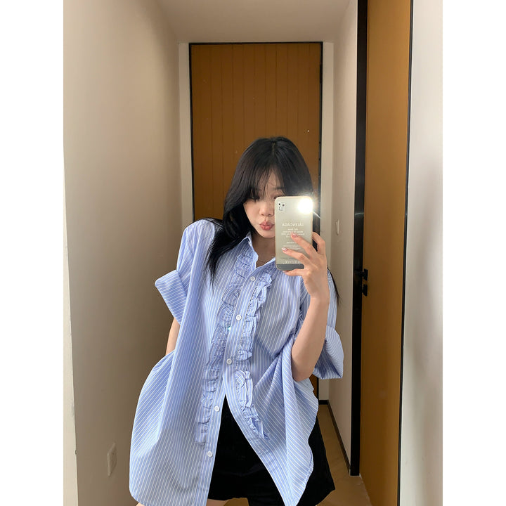 Vertical Striped Lace Short Sleeve Shirt