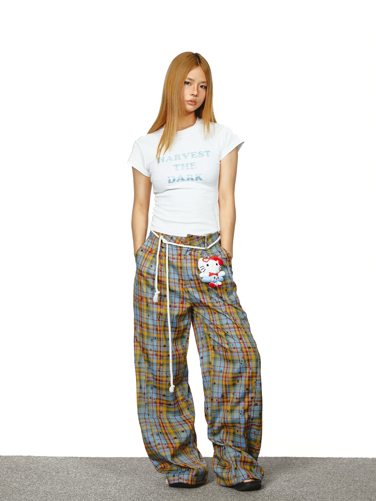 بنطلون واسع الساق بنقشة النجوم والمربعات 