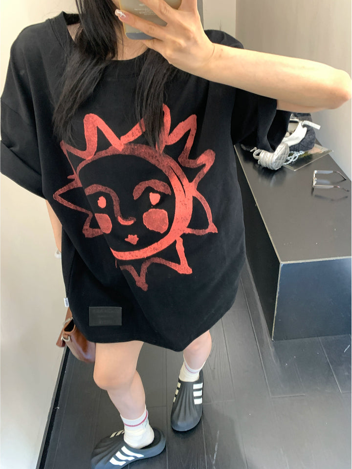 Hand-Painted Sun Graphic T-Shirt