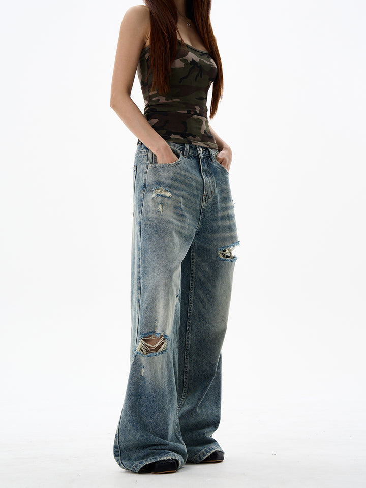 Blue Ripped Wide Leg Jeans