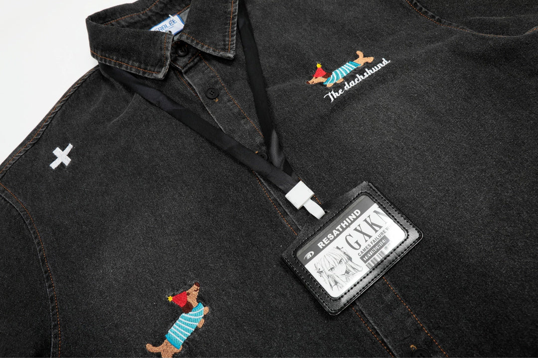 Retro Puppy Embroidered Short Sleeve Shirt