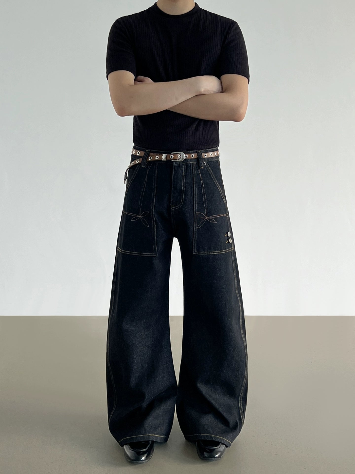 Embroidered Wide-Leg Jeans