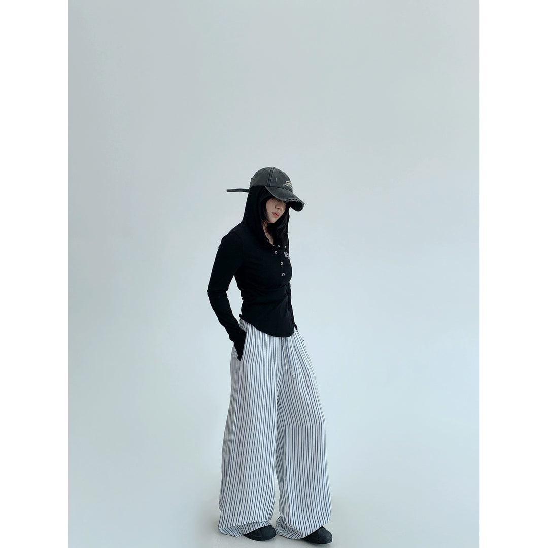 Vertical Striped Wide Leg Casual Pants