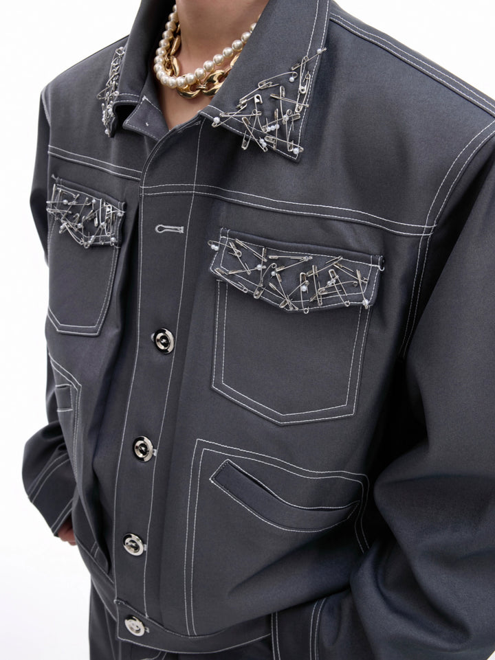 Handmade Pin Detail Short Jacket and Pants