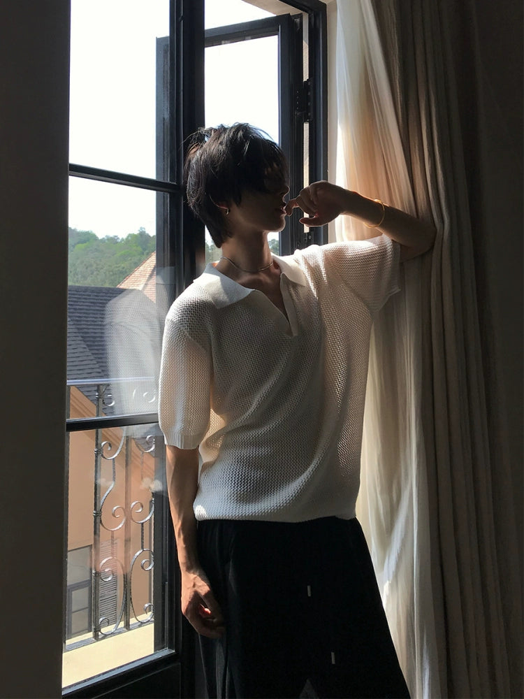 قميص بولو محبوك بأكمام قصيرة 