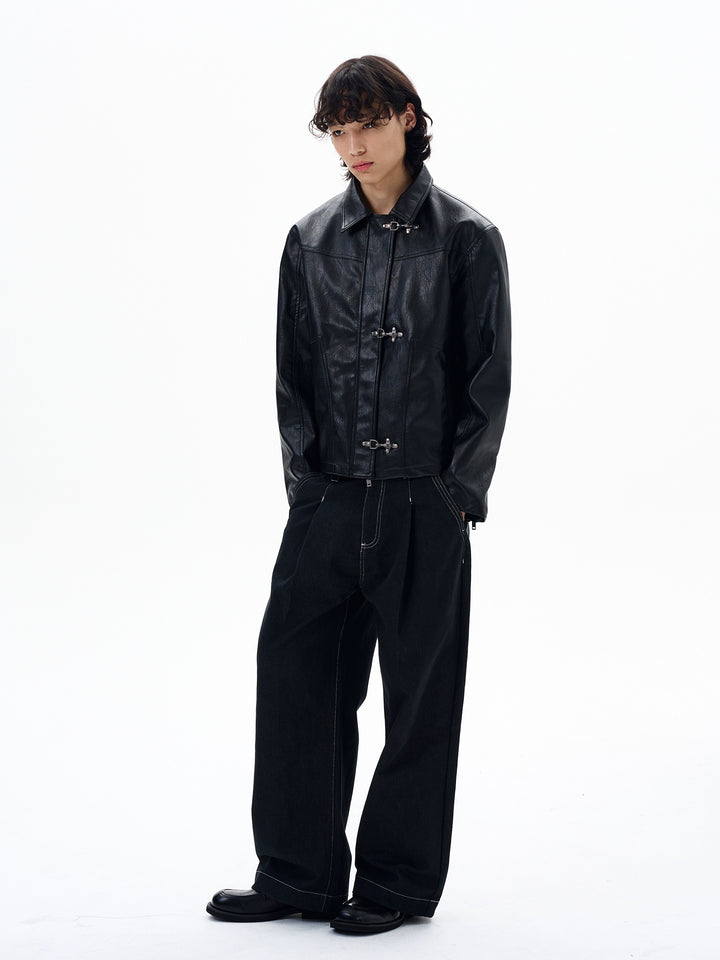 Short Leather Aircraft Button Jacket
