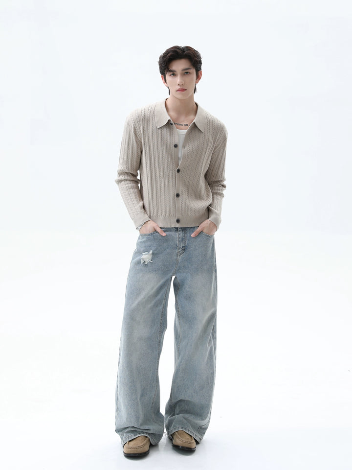 Cable Knit Lapel Button Cardigan