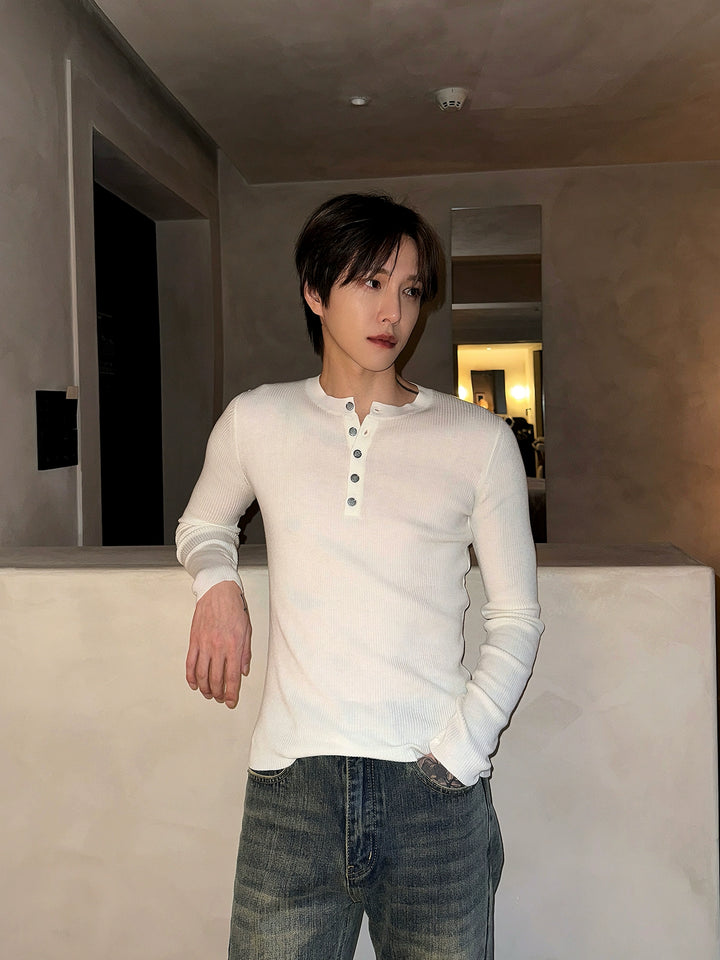 Henley Collar Slim Knitted Pullover
