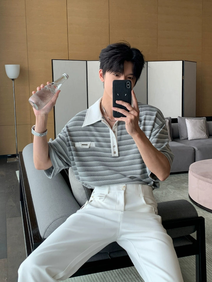 Loose Fit Short Sleeve Striped Polo Shirt
