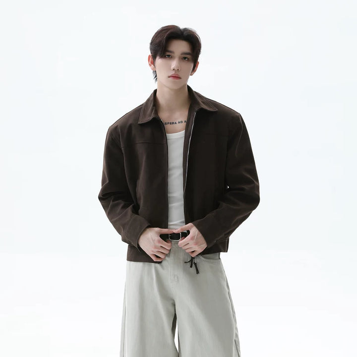 Suede Textured PU Zip Lapel Jacket