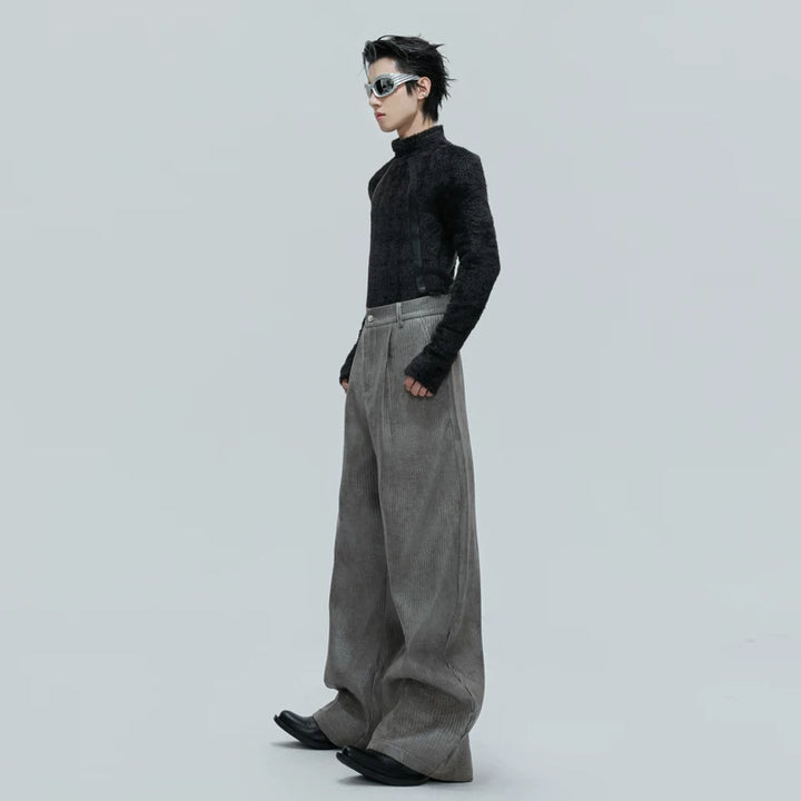 3D Ribbed Leather Loose Pants