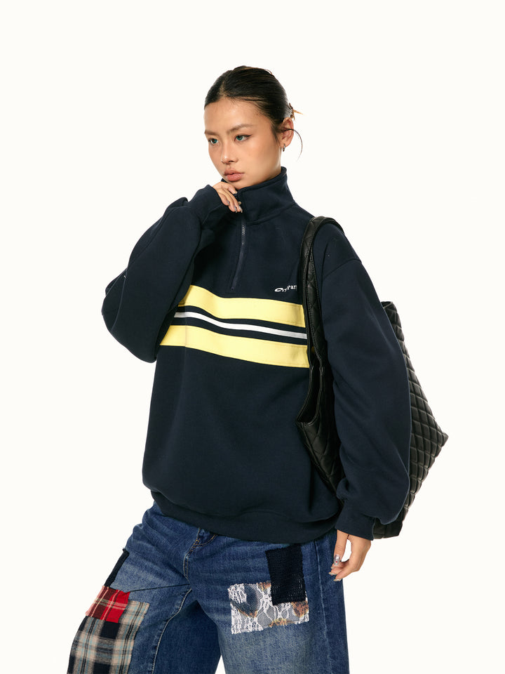 Stand-Up Collar Half-Zip Striped Sweatshirt