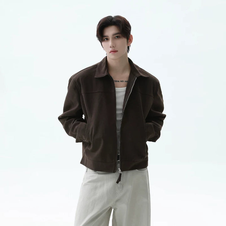 Suede Textured PU Zip Lapel Jacket