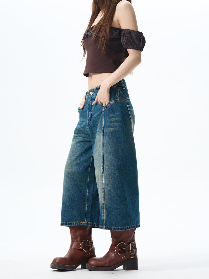 Wide-Leg Cropped Denim Pants