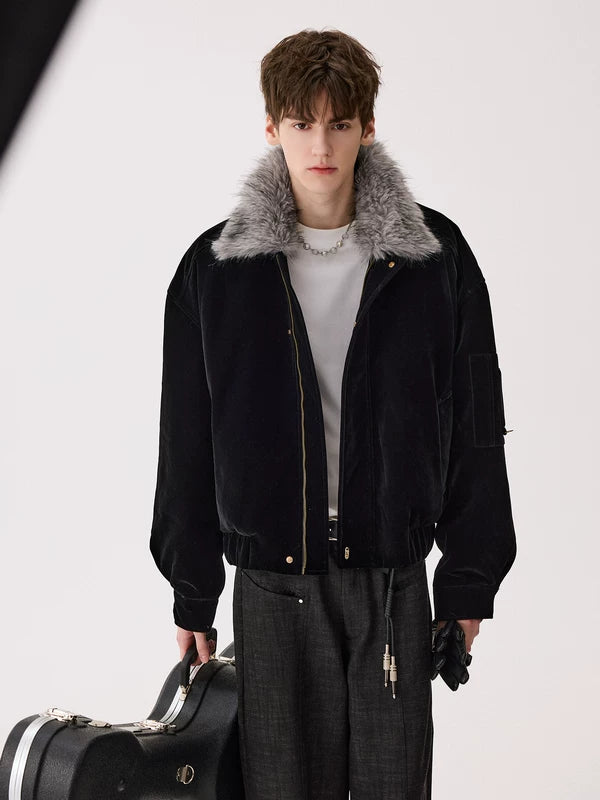 탈부착 가능한 인조 모피 칼라 벨벳 재킷 