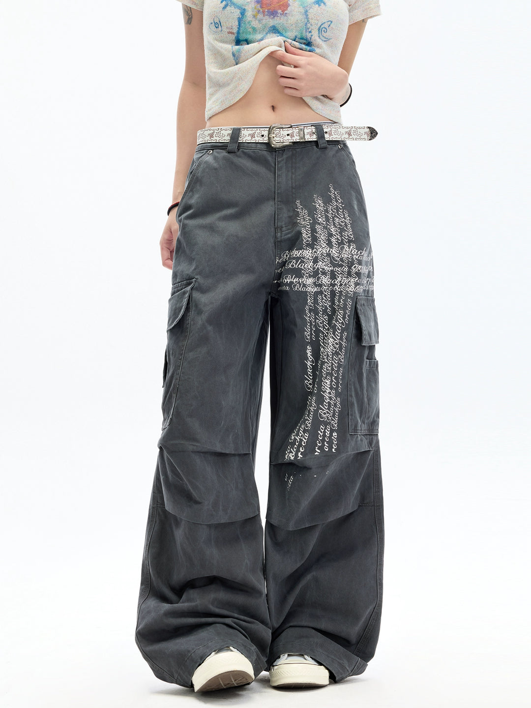 Letter Print Washed Cargo Pants
