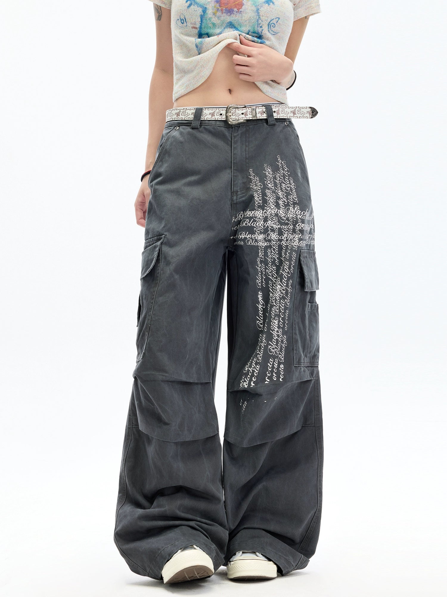 洗濯済みワイドレッグカーゴパンツ, レタープリント 