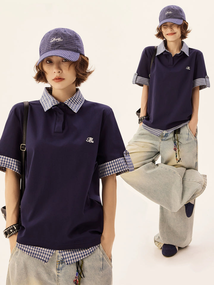 Plaid Stitching Lapel Polo Short Sleeve Shirt
