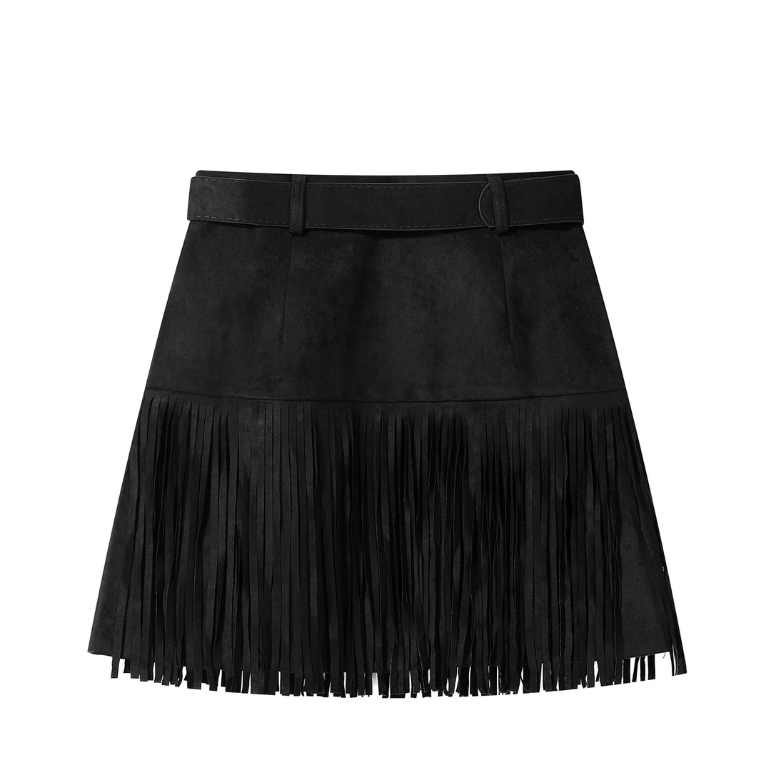 Mini jupe en suède à franges avec ceinture 