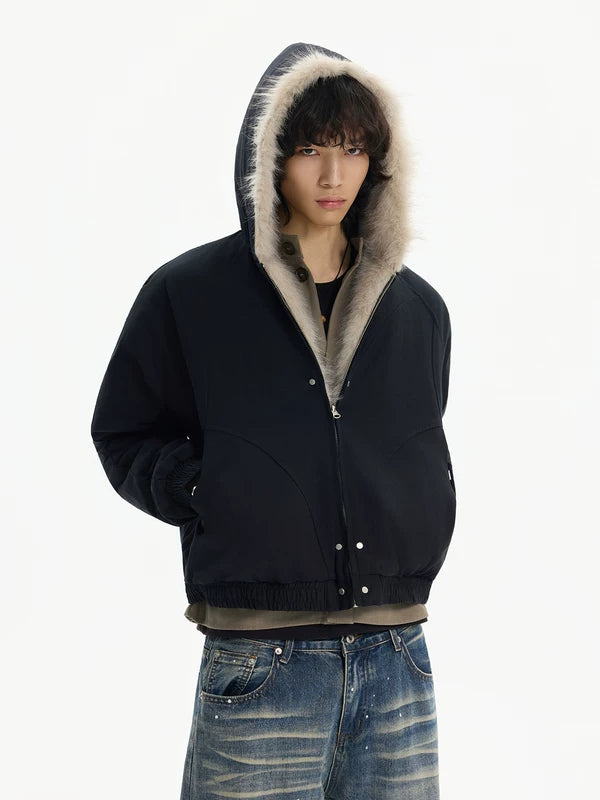 מעיל פוף עם קפוצ'ון וצווארון פרווה סינתטית 