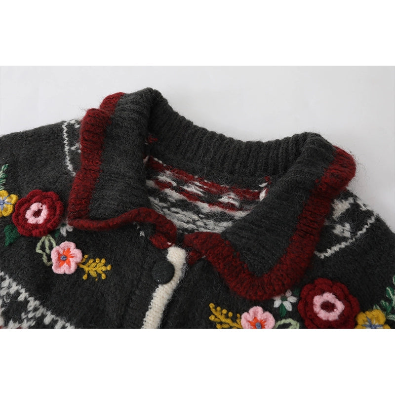 Fair Isle Çiçekli Triko Hırka 