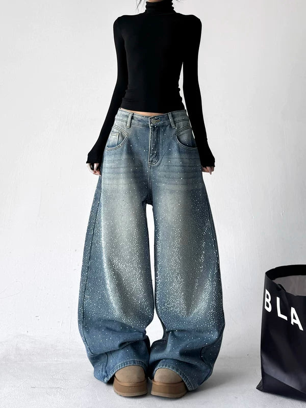 Taşlı Geniş Paça Yüksek Bel Jean Pantolon 