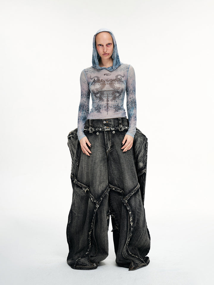 Weite Beinform A-Linie Rohkante Jeanshose 