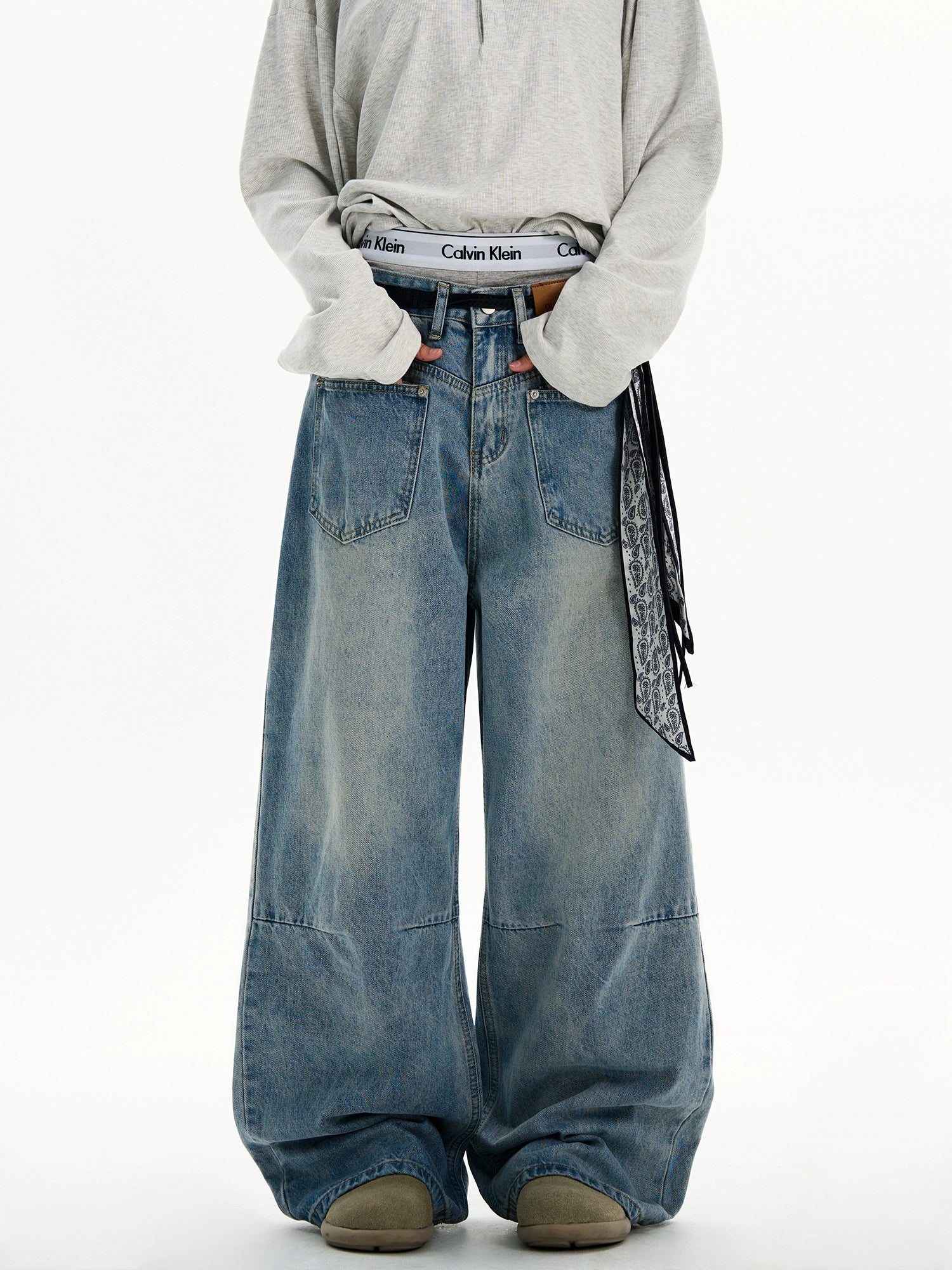 Pantaloni in denim retro lavati a gamba larga 