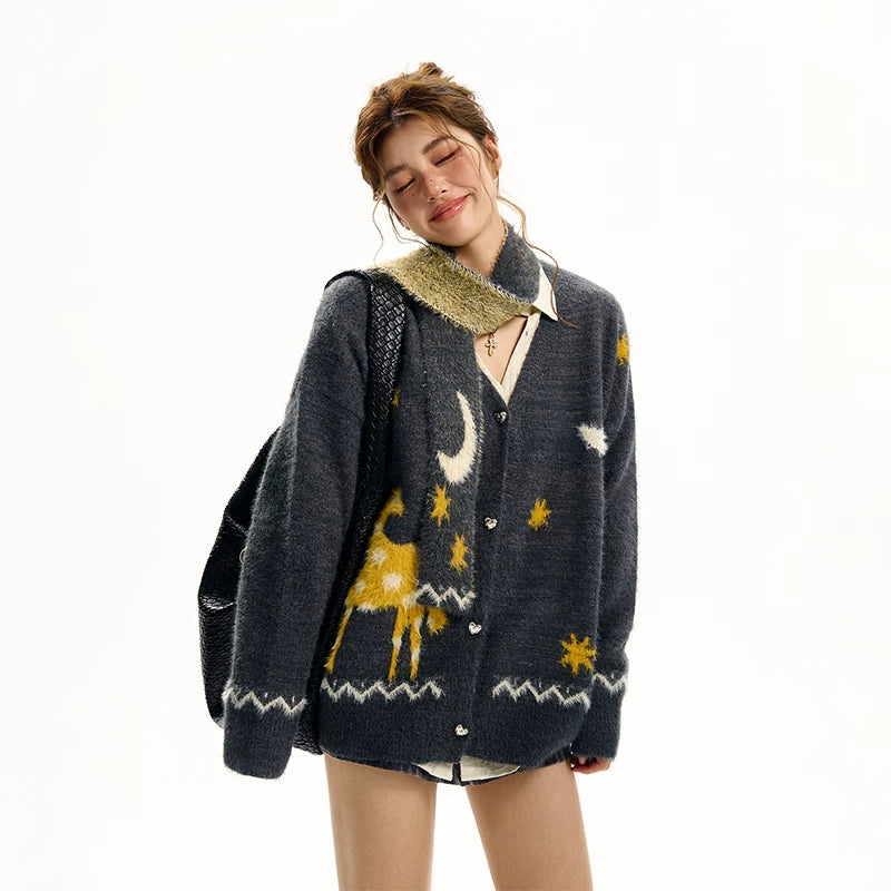 Cardigan en V brodé avec des rennes de Noël 