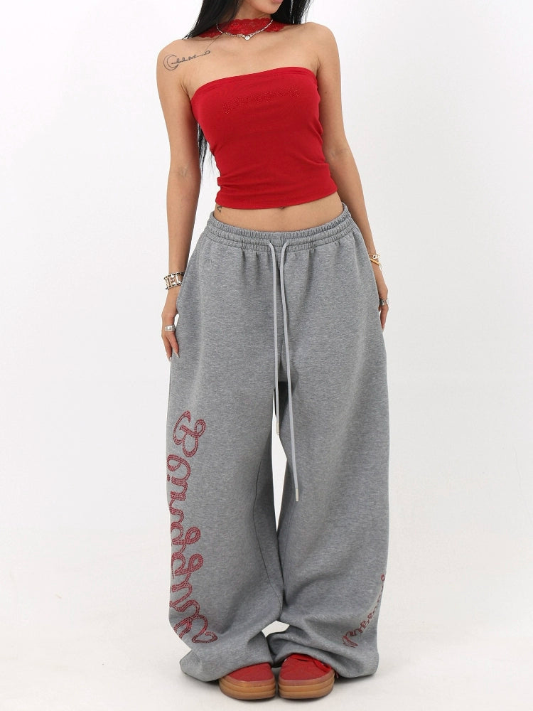 Loose Jazz Straight Pants with Rhinestone Lettering