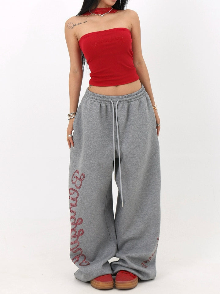 Loose Jazz Straight Pants with Rhinestone Lettering