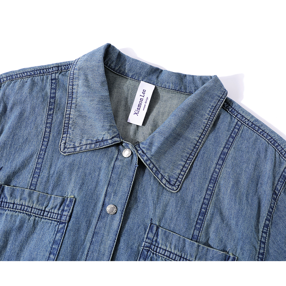 Chemise à col ceinturée en denim à manches courtes 