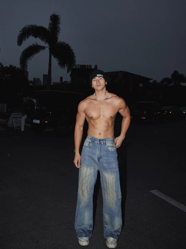 Retro verwaschene weit geschnittene Jeanshose 