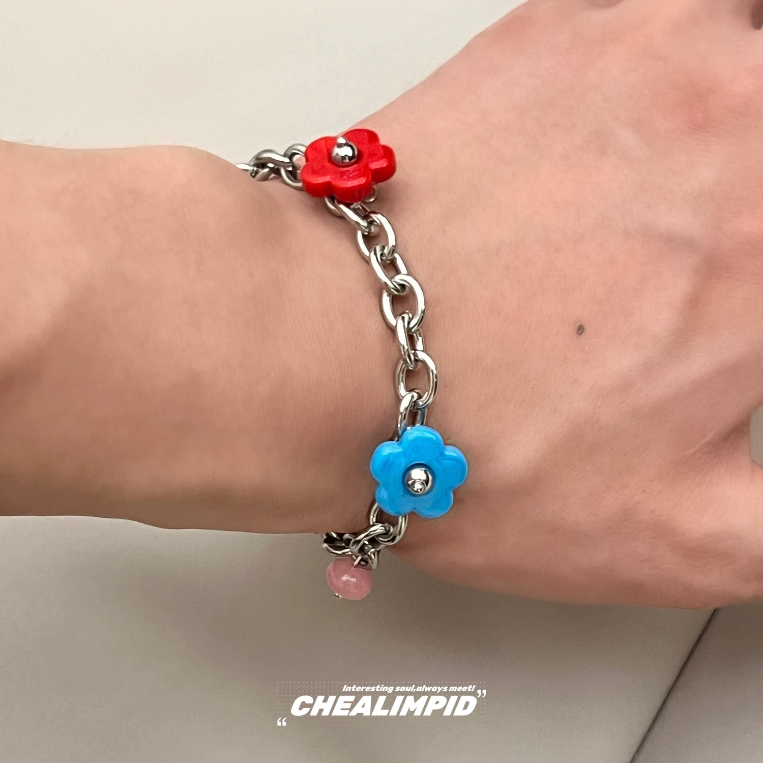 Flower Charm Metal Chain Pearl Bracelet