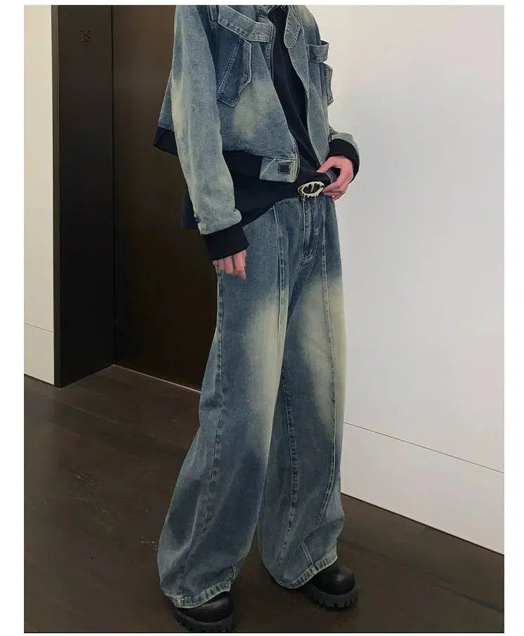 Distressed Stand Collar Denim Jacket Pants Set