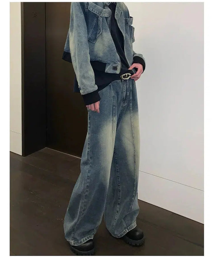 Distressed Stand Collar Denim Jacket Pants Set