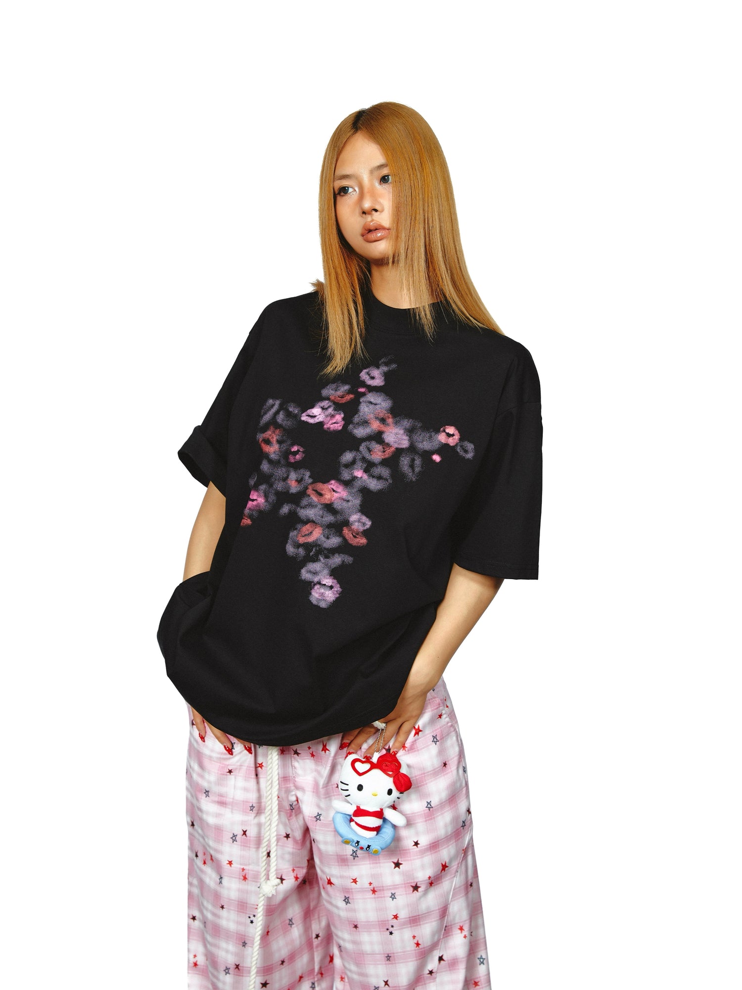 تي شيرت قصير الأكمام فضفاض بطبعة شفاه 