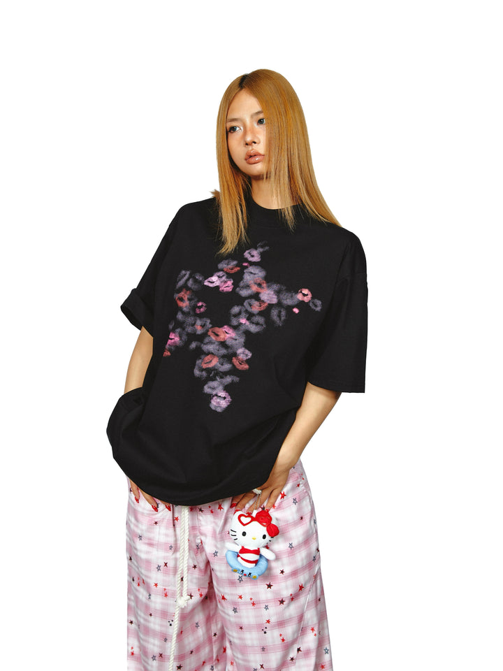 T-shirt à manches courtes ample avec motif de lèvres 