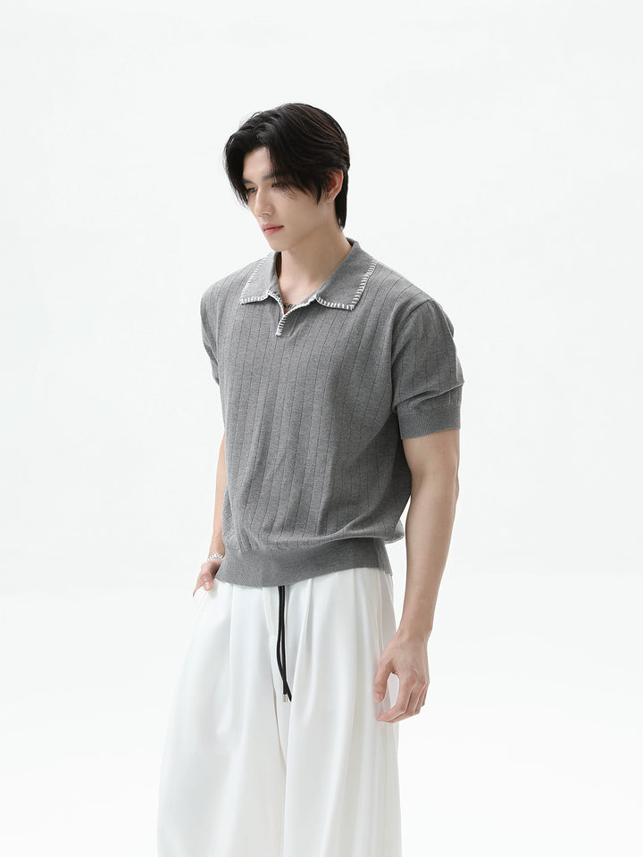 Stitching Lapel Knitted Polo Shirt